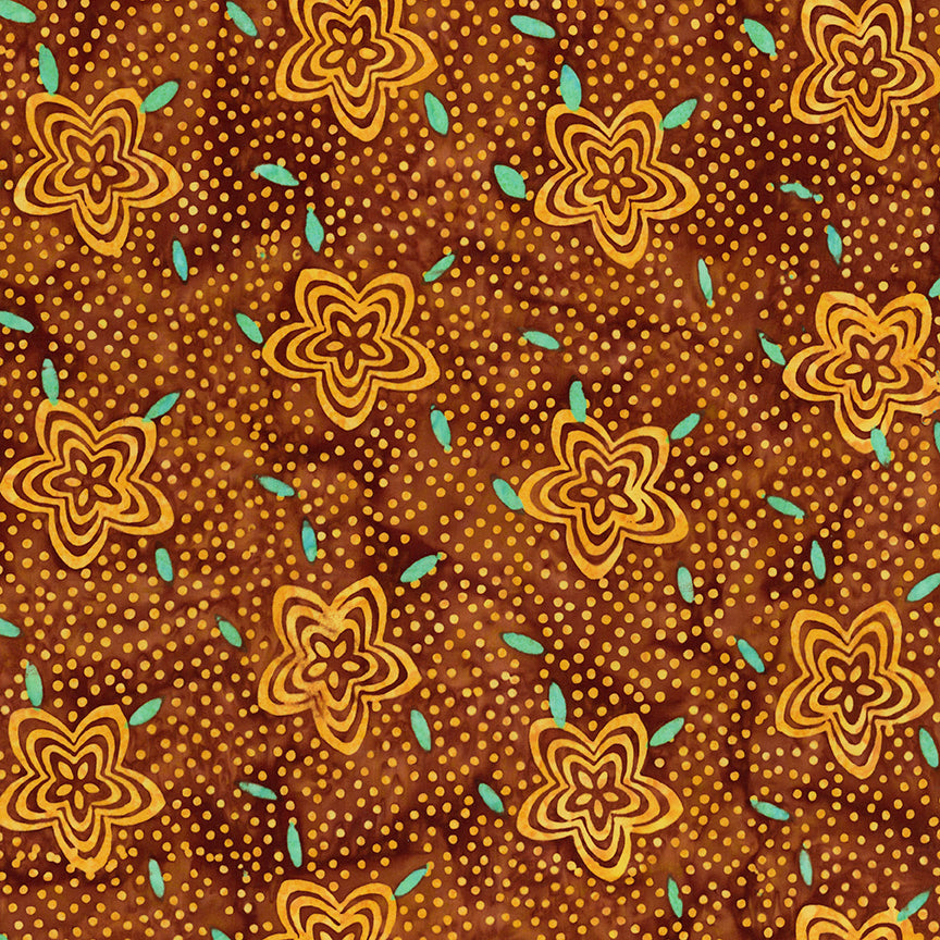Pattern Ginger Syrup from The Expressions Batiks - Ink & Nectar collection by Riley Blake Designs features authentic hand-dyed fabrics with double tjap designs. Known for their sophisticated texture, these cotton and rayon prints incorporate small pops of color over diverse background shades. These patterns frequently combine overlapping organic motifs like florals, leaves, and abstract line work onto these base colors.