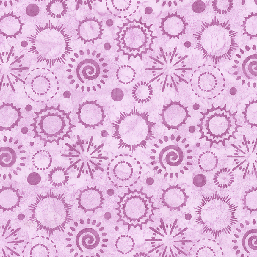 Pattern Glowberry from The Expressions Batiks - Ink & Nectar collection by Riley Blake Designs features authentic hand-dyed fabrics with double tjap designs. Known for their sophisticated texture, these cotton and rayon prints incorporate small pops of color over diverse background shades. These patterns frequently combine overlapping organic motifs like florals, leaves, and abstract line work onto these base colors.
