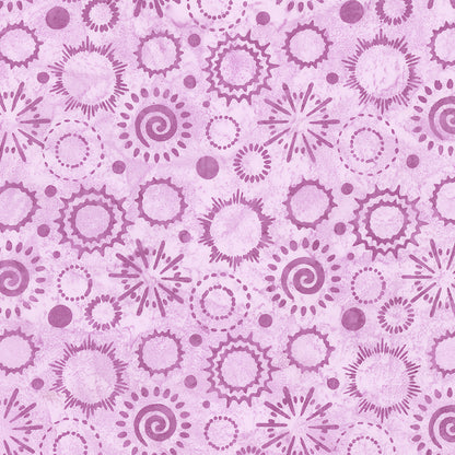 Pattern Glowberry from The Expressions Batiks - Ink & Nectar collection by Riley Blake Designs features authentic hand-dyed fabrics with double tjap designs. Known for their sophisticated texture, these cotton and rayon prints incorporate small pops of color over diverse background shades. These patterns frequently combine overlapping organic motifs like florals, leaves, and abstract line work onto these base colors.