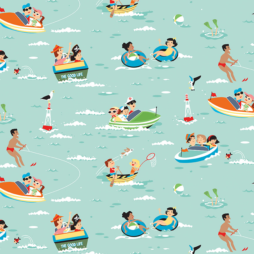 Pattern Good Life from  The Happy Haven fabric collection, designed by Shawn Wallace for Riley Blake Designs, captures the warmth, wonder, and nostalgia of carefree childhood days spent in nature. Inspired by campfires, lake days, and starry skies, it features a cozy, earthy, and classic color palette of warm greens, reds, aquas, browns, and whites.
