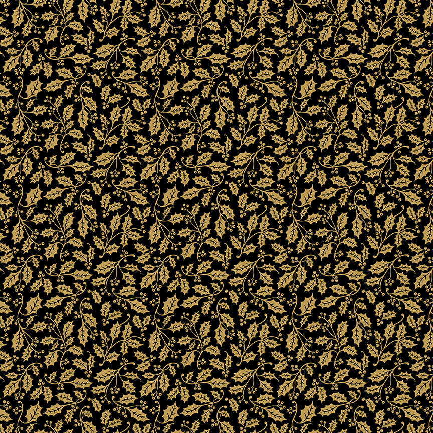 Pattern Holly Black Foil from the Poinsettias at Christmas collection, designed by Jennifer Bosworth for Riley Blake Designs, is a gorgeous holiday fabric line. It blends traditional Christmas motifs with elegant, shimmering gold metallic foil accents. The 100% cotton fabrics are perfect for heirloom-style holiday quilts, tree skirts, stockings, table runners and so much more.