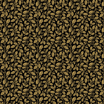 Pattern Holly Black Foil from the Poinsettias at Christmas collection, designed by Jennifer Bosworth for Riley Blake Designs, is a gorgeous holiday fabric line. It blends traditional Christmas motifs with elegant, shimmering gold metallic foil accents. The 100% cotton fabrics are perfect for heirloom-style holiday quilts, tree skirts, stockings, table runners and so much more.