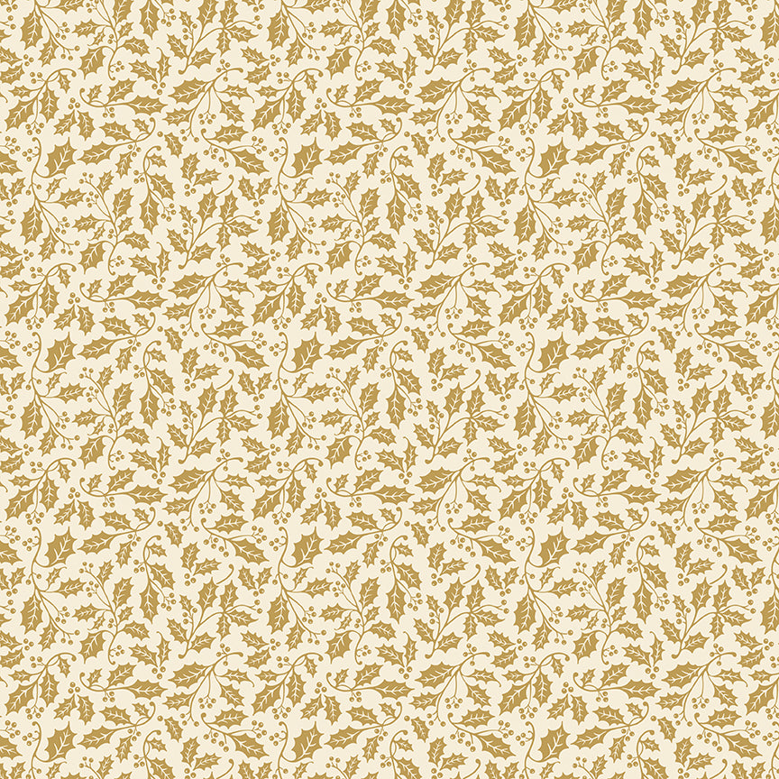 Pattern Holly Cream Foil from the Poinsettias at Christmas collection, designed by Jennifer Bosworth for Riley Blake Designs, is a gorgeous holiday fabric line. It blends traditional Christmas motifs with elegant, shimmering gold metallic foil accents. The 100% cotton fabrics are perfect for heirloom-style holiday quilts, tree skirts, stockings, table runners and so much more.