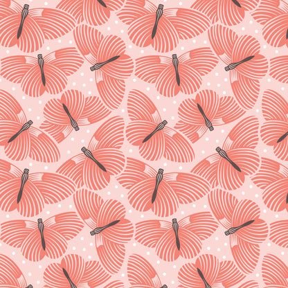 Pattern In Flight (backgrounds in Turquoise, Coral, & Gray): A playful pattern showcasing butterflies fluttering amongst foliage from The Gardening Girl fabric collection by Hang Tight Studio for Cloud9 Fabrics is a 16-piece, 100% organic cotton collection inspired by springtime, blooming flowers, and the joy of gardening. The collection features a modern-yet-timeless aesthetic in a refreshing palette of coral, green, grey, and white.