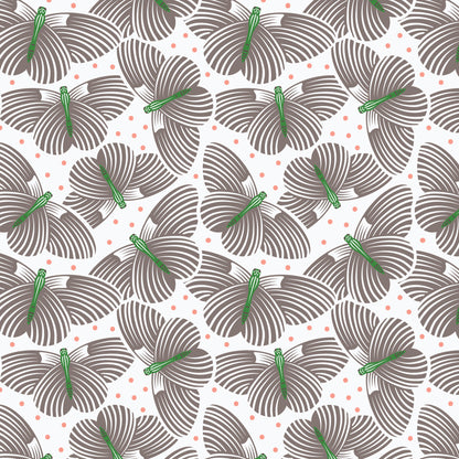 Pattern In Flight (backgrounds in Turquoise, Coral, & Gray): A playful pattern showcasing butterflies fluttering amongst foliage from The Gardening Girl fabric collection by Hang Tight Studio for Cloud9 Fabrics is a 16-piece, 100% organic cotton collection inspired by springtime, blooming flowers, and the joy of gardening. The collection features a modern-yet-timeless aesthetic in a refreshing palette of coral, green, grey, and white.