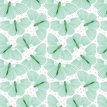 Pattern In Flight (backgrounds in Turquoise, Coral, & Gray): A playful pattern showcasing butterflies fluttering amongst foliage from The Gardening Girl fabric collection by Hang Tight Studio for Cloud9 Fabrics is a 16-piece, 100% organic cotton collection inspired by springtime, blooming flowers, and the joy of gardening. The collection features a modern-yet-timeless aesthetic in a refreshing palette of coral, green, grey, and white.
