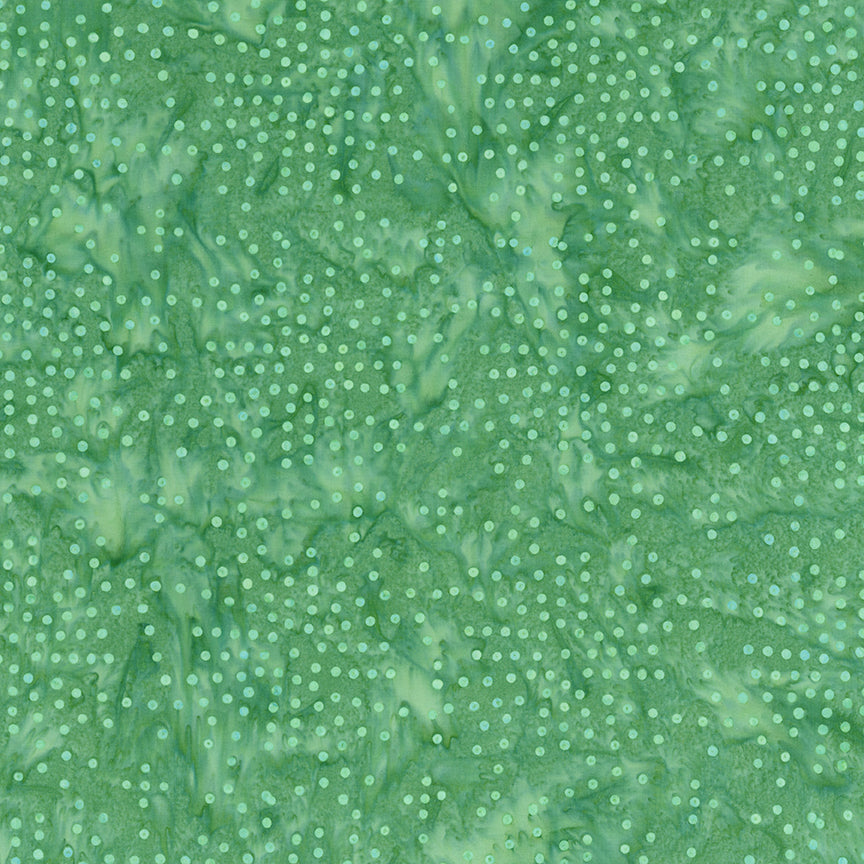 Pattern Jade from The Expressions Batiks - Ink & Nectar collection by Riley Blake Designs features authentic hand-dyed fabrics with double tjap designs. Known for their sophisticated texture, these cotton and rayon prints incorporate small pops of color over diverse background shades. These patterns frequently combine overlapping organic motifs like florals, leaves, and abstract line work onto these base colors.