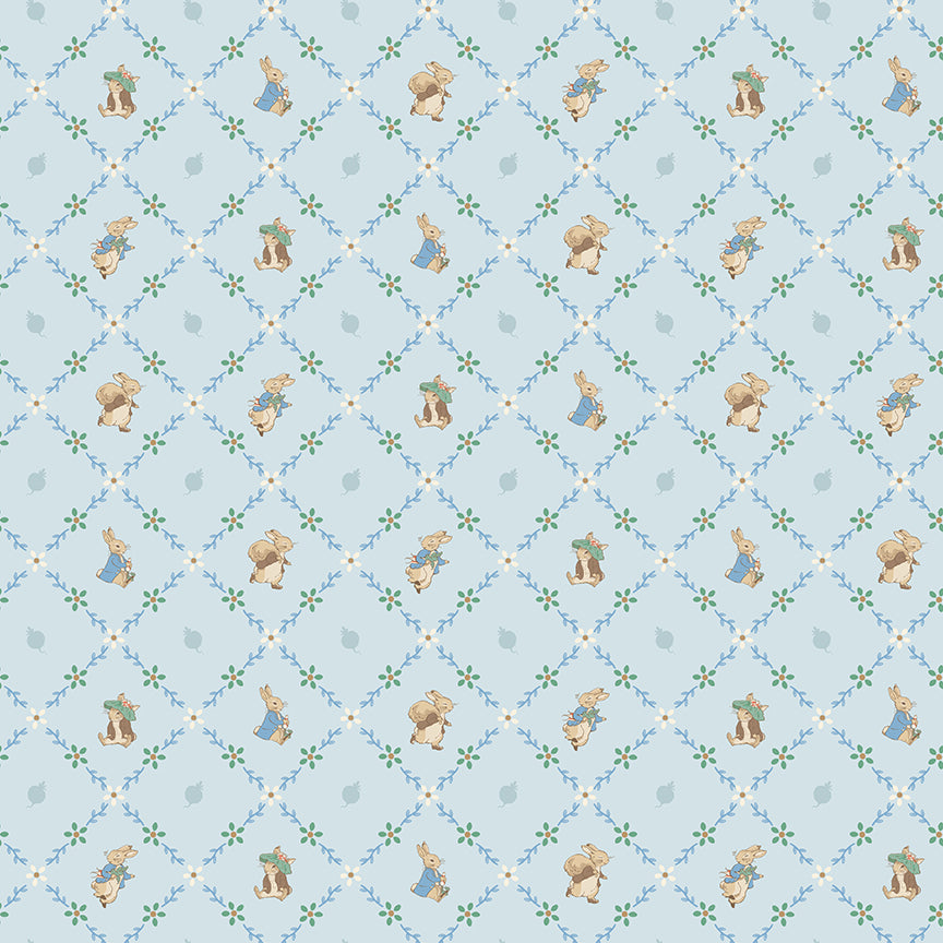 Pattern Lattice Blue from the The Peter Rabbit™ & Benjamin Bunny™ collection for Riley Blake Designs. This print features a floral lattice with Peter Rabbit, Benjamin Bunny, and friends. Official licensed product. BEATRIX POTTER™. 