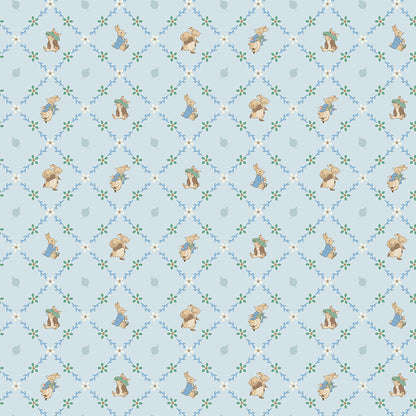 Pattern Lattice Blue from the The Peter Rabbit™ & Benjamin Bunny™ collection for Riley Blake Designs. This print features a floral lattice with Peter Rabbit, Benjamin Bunny, and friends. Official licensed product. BEATRIX POTTER™. 