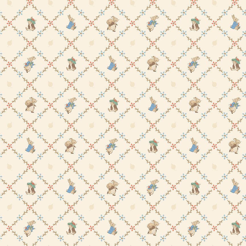 Pattern Lattice creme from the The Peter Rabbit™ & Benjamin Bunny™ collection for Riley Blake Designs. This print features a floral lattice with Peter Rabbit, Benjamin Bunny, and friends. Official licensed product. BEATRIX POTTER™. 