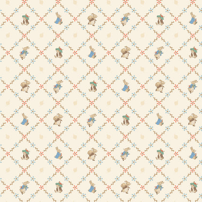 Pattern Lattice creme from the The Peter Rabbit™ & Benjamin Bunny™ collection for Riley Blake Designs. This print features a floral lattice with Peter Rabbit, Benjamin Bunny, and friends. Official licensed product. BEATRIX POTTER™. 