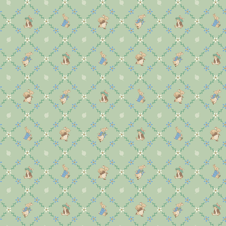 Pattern Lattice green from the The Peter Rabbit™ & Benjamin Bunny™ collection for Riley Blake Designs. This print features a floral lattice with Peter Rabbit, Benjamin Bunny, and friends. Official licensed product. BEATRIX POTTER™. 