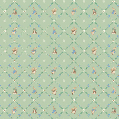 Pattern Lattice green from the The Peter Rabbit™ & Benjamin Bunny™ collection for Riley Blake Designs. This print features a floral lattice with Peter Rabbit, Benjamin Bunny, and friends. Official licensed product. BEATRIX POTTER™. 