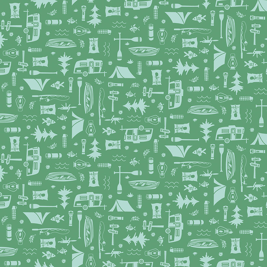 Pattern Lets camp green from  The Happy Haven fabric collection, designed by Shawn Wallace for Riley Blake Designs, captures the warmth, wonder, and nostalgia of carefree childhood days spent in nature. Inspired by campfires, lake days, and starry skies, it features a cozy, earthy, and classic color palette of warm greens, reds, aquas, browns, and whites.