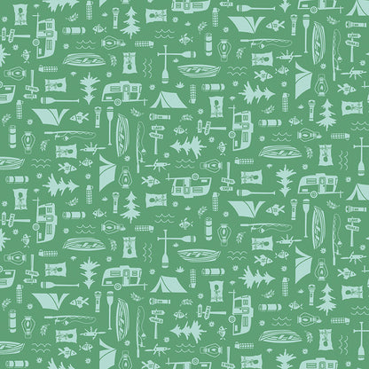 Pattern Lets camp green from  The Happy Haven fabric collection, designed by Shawn Wallace for Riley Blake Designs, captures the warmth, wonder, and nostalgia of carefree childhood days spent in nature. Inspired by campfires, lake days, and starry skies, it features a cozy, earthy, and classic color palette of warm greens, reds, aquas, browns, and whites.