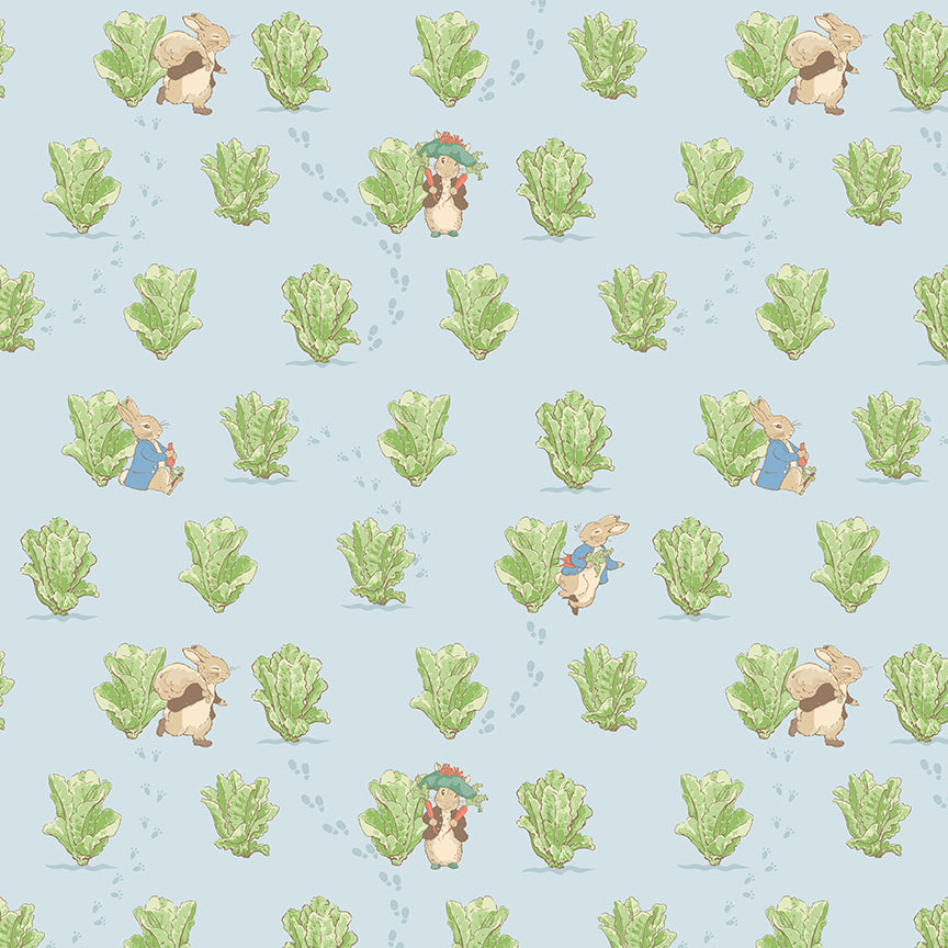 Pattern Lettuce patch Blue from the The Peter Rabbit™ & Benjamin Bunny™ collection for Riley Blake Designs. This print features a floral lattice with Peter Rabbit, Benjamin Bunny, and friends. Official licensed product. BEATRIX POTTER™. 