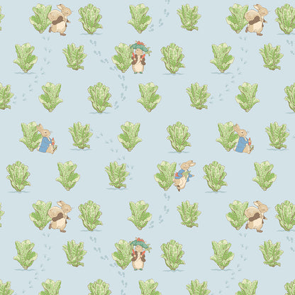 Pattern Lettuce patch Blue from the The Peter Rabbit™ & Benjamin Bunny™ collection for Riley Blake Designs. This print features a floral lattice with Peter Rabbit, Benjamin Bunny, and friends. Official licensed product. BEATRIX POTTER™. 