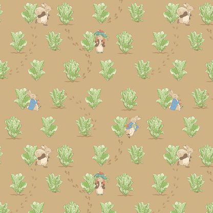 Pattern Lettuce patch Tan from the The Peter Rabbit™ & Benjamin Bunny™ collection for Riley Blake Designs. This print features a floral lattice with Peter Rabbit, Benjamin Bunny, and friends. Official licensed product. BEATRIX POTTER™. 