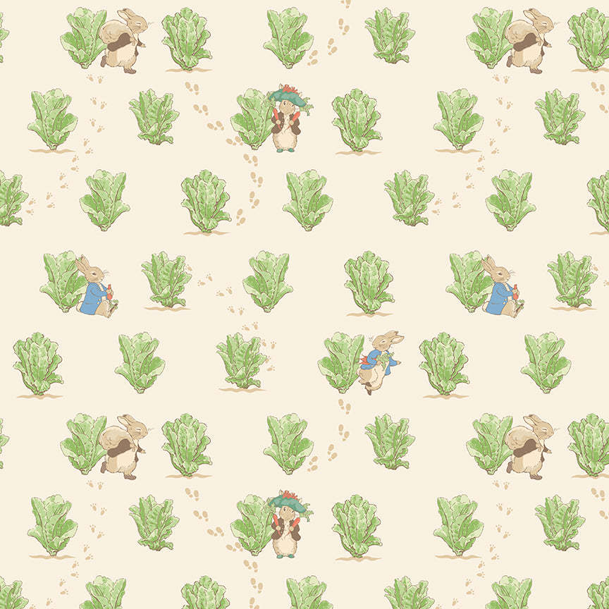 Pattern Lettuce patch creme from the The Peter Rabbit™ & Benjamin Bunny™ collection for Riley Blake Designs. This print features a floral lattice with Peter Rabbit, Benjamin Bunny, and friends. Official licensed product. BEATRIX POTTER™. 