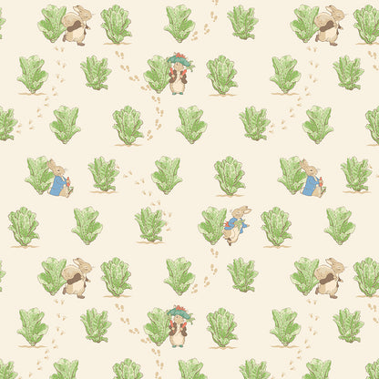 Pattern Lettuce patch creme from the The Peter Rabbit™ & Benjamin Bunny™ collection for Riley Blake Designs. This print features a floral lattice with Peter Rabbit, Benjamin Bunny, and friends. Official licensed product. BEATRIX POTTER™. 