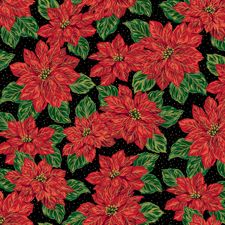 Pattern Main Black Foil from the Poinsettias at Christmas collection, designed by Jennifer Bosworth for Riley Blake Designs, is a gorgeous holiday fabric line. It blends traditional Christmas motifs with elegant, shimmering gold metallic foil accents. The 100% cotton fabrics are perfect for heirloom-style holiday quilts, tree skirts, stockings, table runners and so much more.