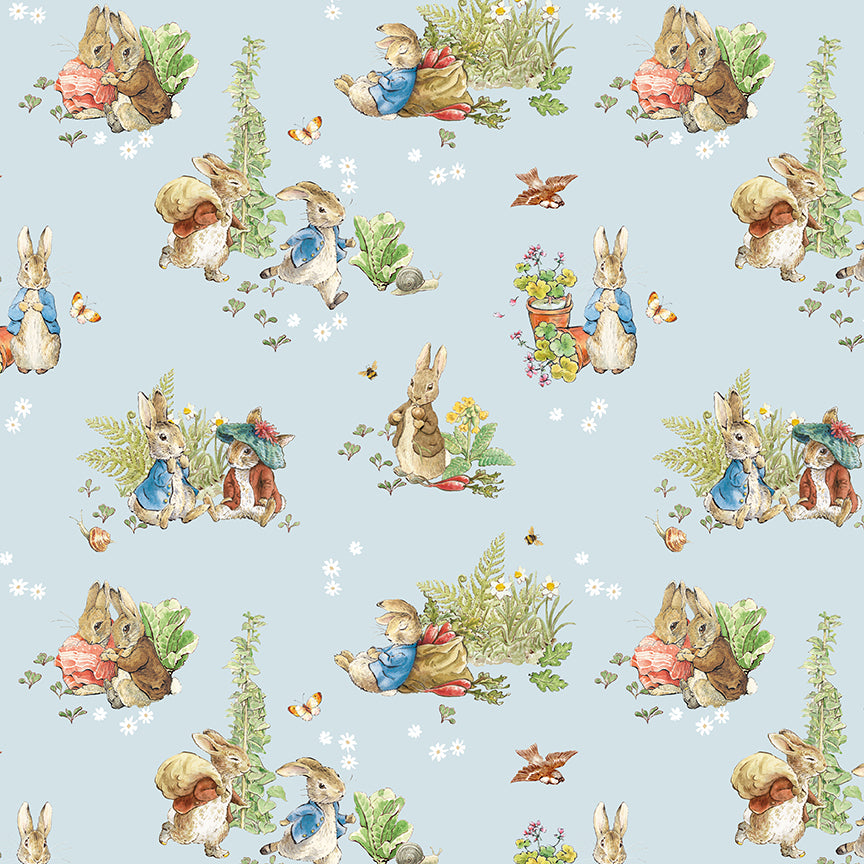 Pattern Main Blue from the The Peter Rabbit™ & Benjamin Bunny™ collection for Riley Blake Designs. This print features a floral lattice with Peter Rabbit, Benjamin Bunny, and friends. Official licensed product. BEATRIX POTTER™. 
