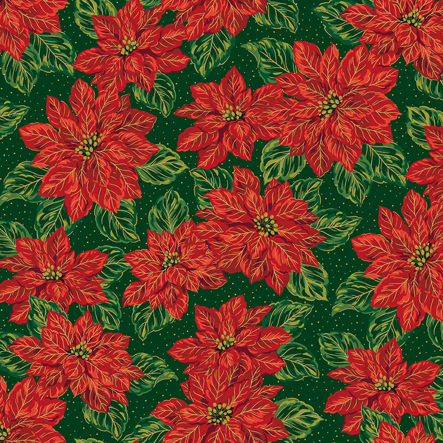 Pattern Main Green Foil from the Poinsettias at Christmas collection, designed by Jennifer Bosworth for Riley Blake Designs, is a gorgeous holiday fabric line. It blends traditional Christmas motifs with elegant, shimmering gold metallic foil accents. The 100% cotton fabrics are perfect for heirloom-style holiday quilts, tree skirts, stockings, table runners and so much more.