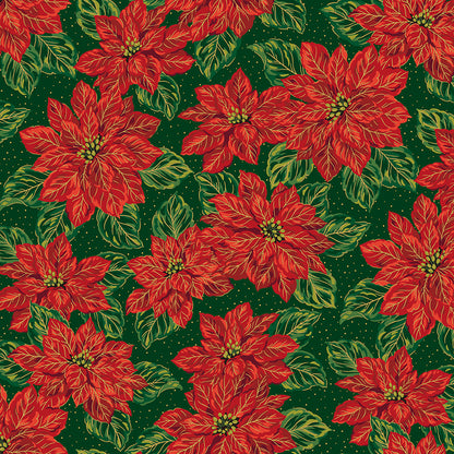 Pattern Main Green Foil from the Poinsettias at Christmas collection, designed by Jennifer Bosworth for Riley Blake Designs, is a gorgeous holiday fabric line. It blends traditional Christmas motifs with elegant, shimmering gold metallic foil accents. The 100% cotton fabrics are perfect for heirloom-style holiday quilts, tree skirts, stockings, table runners and so much more.
