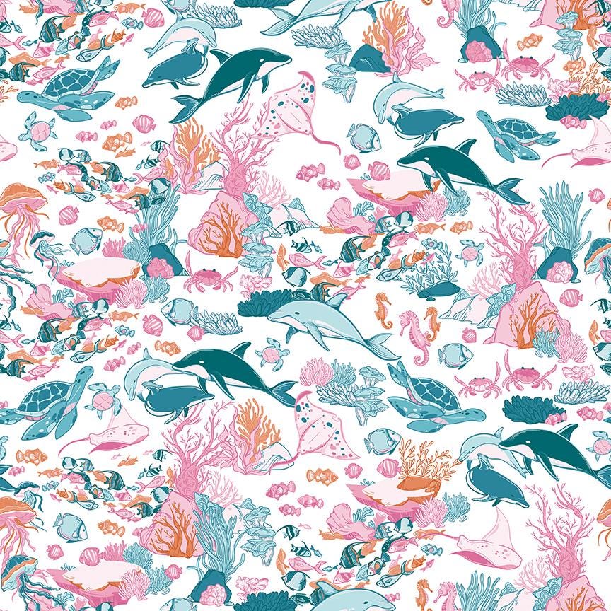 Pattern Main Multi from The Reef fabric collection by Corinne Wells for Riley Blake Designs features a vibrant, ocean-inspired theme perfect for quilting, apparel, and home decor. It showcases playful marine life in a coastal palette of breezy blues, deep teals, soft pinks, and powder hues.
