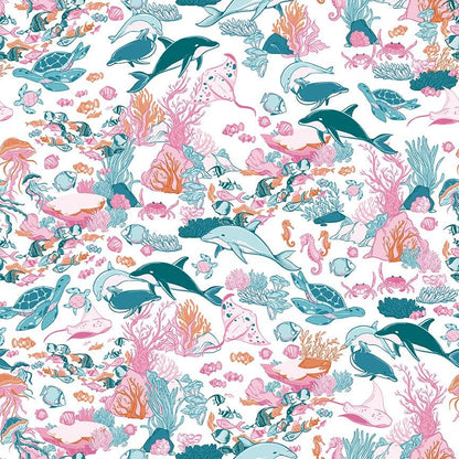 Pattern Main Multi from The Reef fabric collection by Corinne Wells for Riley Blake Designs features a vibrant, ocean-inspired theme perfect for quilting, apparel, and home decor. It showcases playful marine life in a coastal palette of breezy blues, deep teals, soft pinks, and powder hues.