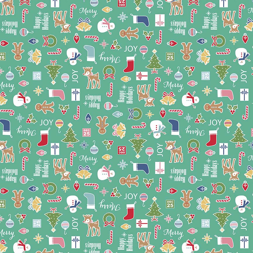 Pattern Main Print Icons: Features a repeating pattern of holiday icons, including Christmas trees, stockings, and wreaths with backgrounds: Navy, Green, and Teal from the Cozy Christmas collection by Lori Holt for Riley Blake Designs is a vintage-inspired holiday line. It features festive motifs like snowmen, reindeer, recipes, and seasonal florals, typically produced in bright traditional colorways.