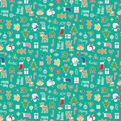Pattern Main Print Icons: Features a repeating pattern of holiday icons, including Christmas trees, stockings, and wreaths with backgrounds: Navy, Green, and Teal from the Cozy Christmas collection by Lori Holt for Riley Blake Designs is a vintage-inspired holiday line. It features festive motifs like snowmen, reindeer, recipes, and seasonal florals, typically produced in bright traditional colorways.