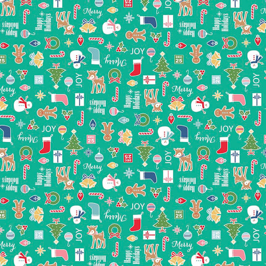 Pattern Main Print Icons: Features a repeating pattern of holiday icons, including Christmas trees, stockings, and wreaths with backgrounds: Navy, Green, and Teal from the Cozy Christmas collection by Lori Holt for Riley Blake Designs is a vintage-inspired holiday line. It features festive motifs like snowmen, reindeer, recipes, and seasonal florals, typically produced in bright traditional colorways.