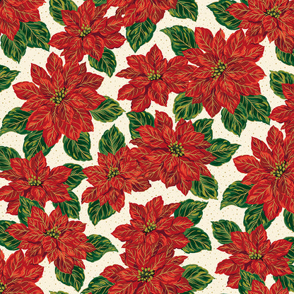 Pattern Main White Foil from the Poinsettias at Christmas collection, designed by Jennifer Bosworth for Riley Blake Designs, is a gorgeous holiday fabric line. It blends traditional Christmas motifs with elegant, shimmering gold metallic foil accents. The 100% cotton fabrics are perfect for heirloom-style holiday quilts, tree skirts, stockings, table runners and so much more.