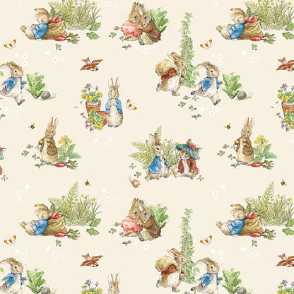 Pattern Main Creme from the The Peter Rabbit™ & Benjamin Bunny™ collection for Riley Blake Designs. This print features a floral lattice with Peter Rabbit, Benjamin Bunny, and friends. Official licensed product. BEATRIX POTTER™. 