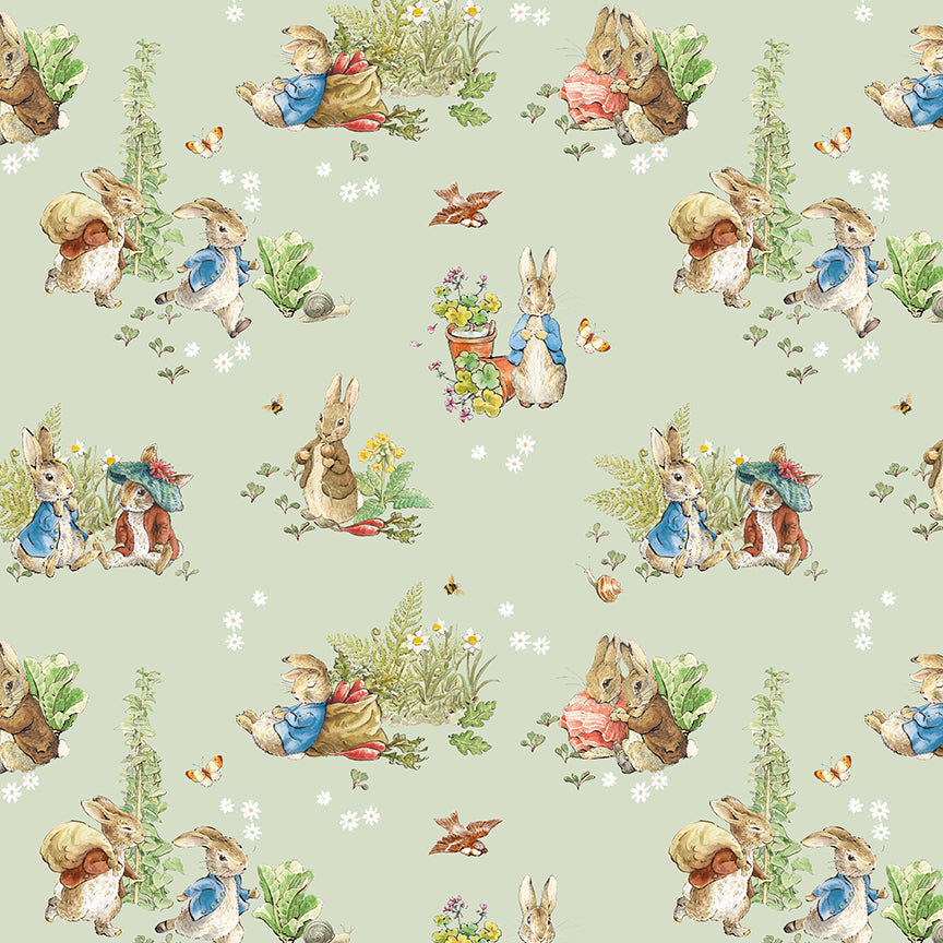 Pattern Main Green from the The Peter Rabbit™ & Benjamin Bunny™ collection for Riley Blake Designs. This print features a floral lattice with Peter Rabbit, Benjamin Bunny, and friends. Official licensed product. BEATRIX POTTER™. 