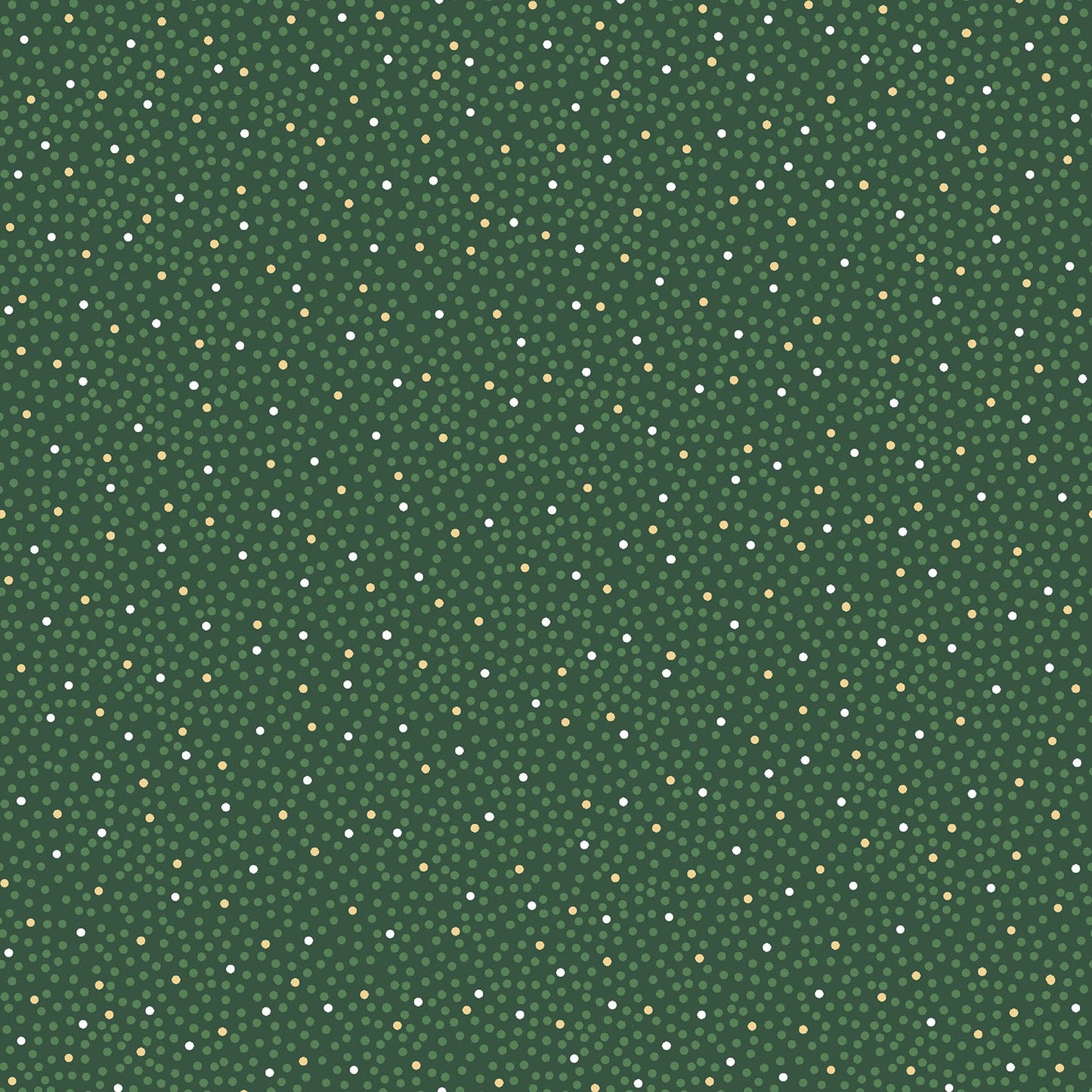 Pattern Metallic Dots / Confetti: A dense, celebratory scatter of metallic silver and gold confetti-like dots, making it an excellent blender or background fabric Background Colors: Available in Snow White, Red, and Green from The Merry Mix collection by Maywood Studio featuring a classic Christmas color palette of snow white, berry red, and holly green. It is characterized by nostalgic holiday motifs, prancing reindeer, and florals, all elevated with shimmering metallic gold and silver accent
