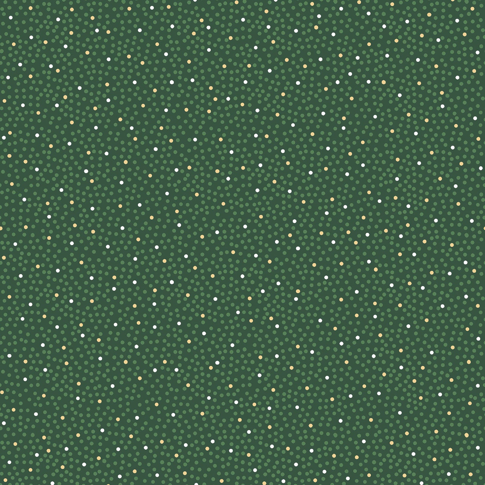 Pattern Metallic Dots / Confetti: A dense, celebratory scatter of metallic silver and gold confetti-like dots, making it an excellent blender or background fabric Background Colors: Available in Snow White, Red, and Green from The Merry Mix collection by Maywood Studio featuring a classic Christmas color palette of snow white, berry red, and holly green. It is characterized by nostalgic holiday motifs, prancing reindeer, and florals, all elevated with shimmering metallic gold and silver accent