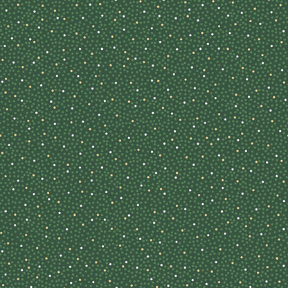 Pattern Metallic Dots / Confetti: A dense, celebratory scatter of metallic silver and gold confetti-like dots, making it an excellent blender or background fabric Background Colors: Available in Snow White, Red, and Green from The Merry Mix collection by Maywood Studio featuring a classic Christmas color palette of snow white, berry red, and holly green. It is characterized by nostalgic holiday motifs, prancing reindeer, and florals, all elevated with shimmering metallic gold and silver accent