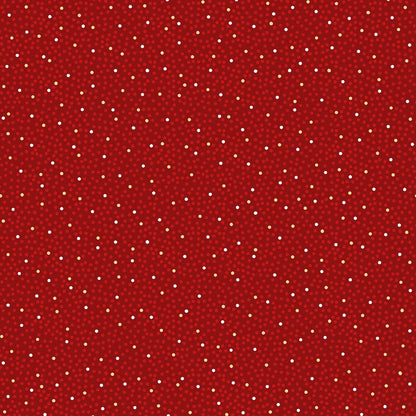 Pattern Metallic Dots / Confetti: A dense, celebratory scatter of metallic silver and gold confetti-like dots, making it an excellent blender or background fabric Background Colors: Available in Snow White, Red, and Green from The Merry Mix collection by Maywood Studio featuring a classic Christmas color palette of snow white, berry red, and holly green. It is characterized by nostalgic holiday motifs, prancing reindeer, and florals, all elevated with shimmering metallic gold and silver accent