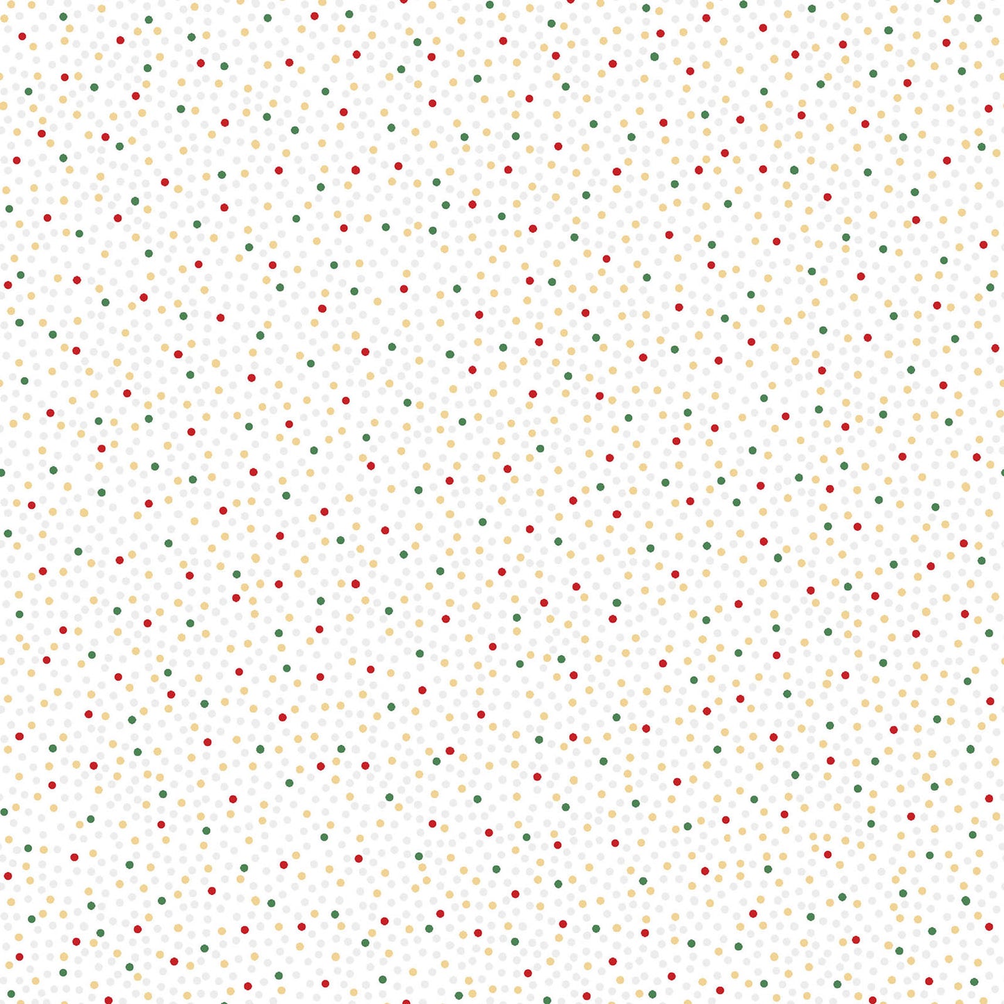 Pattern Metallic Dots / Confetti: A dense, celebratory scatter of metallic silver and gold confetti-like dots, making it an excellent blender or background fabric Background Colors: Available in Snow White, Red, and Green from The Merry Mix collection by Maywood Studio featuring a classic Christmas color palette of snow white, berry red, and holly green. It is characterized by nostalgic holiday motifs, prancing reindeer, and florals, all elevated with shimmering metallic gold and silver accent