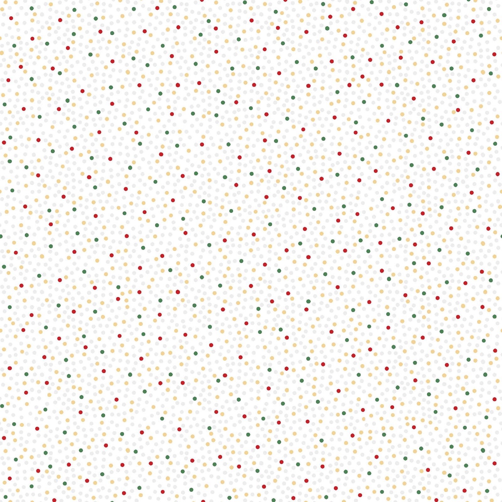 Pattern Metallic Dots / Confetti: A dense, celebratory scatter of metallic silver and gold confetti-like dots, making it an excellent blender or background fabric Background Colors: Available in Snow White, Red, and Green from The Merry Mix collection by Maywood Studio featuring a classic Christmas color palette of snow white, berry red, and holly green. It is characterized by nostalgic holiday motifs, prancing reindeer, and florals, all elevated with shimmering metallic gold and silver accent