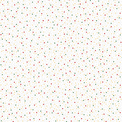Pattern Metallic Dots / Confetti: A dense, celebratory scatter of metallic silver and gold confetti-like dots, making it an excellent blender or background fabric Background Colors: Available in Snow White, Red, and Green from The Merry Mix collection by Maywood Studio featuring a classic Christmas color palette of snow white, berry red, and holly green. It is characterized by nostalgic holiday motifs, prancing reindeer, and florals, all elevated with shimmering metallic gold and silver accent