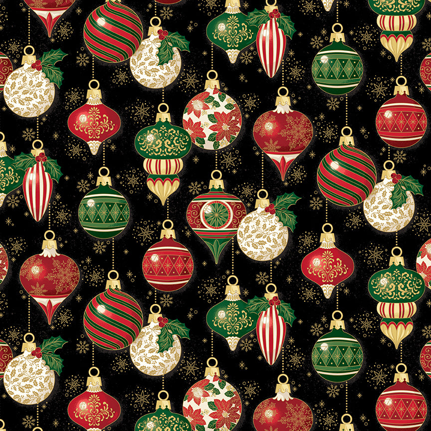 Pattern Ornaments Black Foil from the Poinsettias at Christmas collection, designed by Jennifer Bosworth for Riley Blake Designs, is a gorgeous holiday fabric line. It blends traditional Christmas motifs with elegant, shimmering gold metallic foil accents. The 100% cotton fabrics are perfect for heirloom-style holiday quilts, tree skirts, stockings, table runners and so much more.
