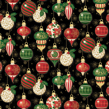 Pattern Ornaments Black Foil from the Poinsettias at Christmas collection, designed by Jennifer Bosworth for Riley Blake Designs, is a gorgeous holiday fabric line. It blends traditional Christmas motifs with elegant, shimmering gold metallic foil accents. The 100% cotton fabrics are perfect for heirloom-style holiday quilts, tree skirts, stockings, table runners and so much more.