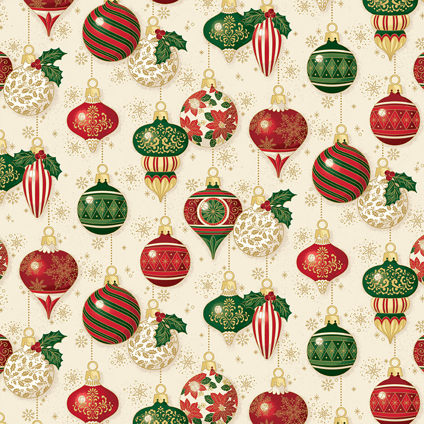 Pattern Ornaments Cream Foil from the Poinsettias at Christmas collection, designed by Jennifer Bosworth for Riley Blake Designs, is a gorgeous holiday fabric line. It blends traditional Christmas motifs with elegant, shimmering gold metallic foil accents. The 100% cotton fabrics are perfect for heirloom-style holiday quilts, tree skirts, stockings, table runners and so much more.