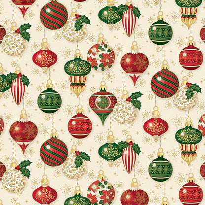 Pattern Ornaments Cream Foil from the Poinsettias at Christmas collection, designed by Jennifer Bosworth for Riley Blake Designs, is a gorgeous holiday fabric line. It blends traditional Christmas motifs with elegant, shimmering gold metallic foil accents. The 100% cotton fabrics are perfect for heirloom-style holiday quilts, tree skirts, stockings, table runners and so much more.