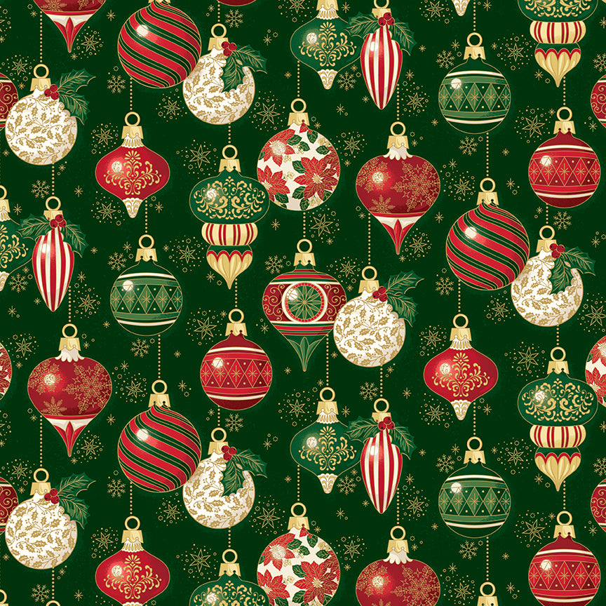 Pattern Ornaments green Foil from the Poinsettias at Christmas collection, designed by Jennifer Bosworth for Riley Blake Designs, is a gorgeous holiday fabric line. It blends traditional Christmas motifs with elegant, shimmering gold metallic foil accents. The 100% cotton fabrics are perfect for heirloom-style holiday quilts, tree skirts, stockings, table runners and so much more.