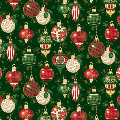 Pattern Ornaments green Foil from the Poinsettias at Christmas collection, designed by Jennifer Bosworth for Riley Blake Designs, is a gorgeous holiday fabric line. It blends traditional Christmas motifs with elegant, shimmering gold metallic foil accents. The 100% cotton fabrics are perfect for heirloom-style holiday quilts, tree skirts, stockings, table runners and so much more.