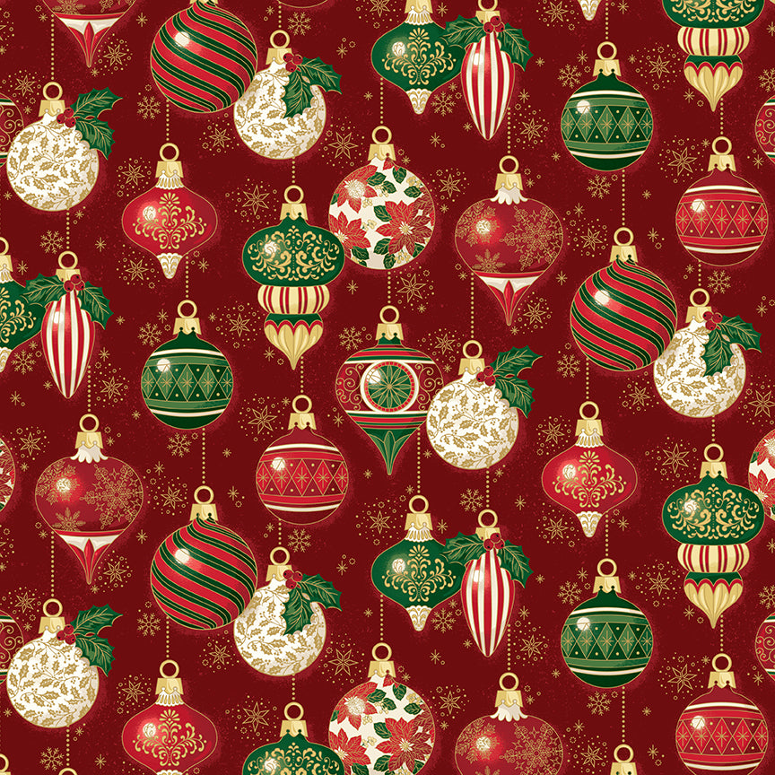Pattern Ornaments Red Foil from the Poinsettias at Christmas collection, designed by Jennifer Bosworth for Riley Blake Designs, is a gorgeous holiday fabric line. It blends traditional Christmas motifs with elegant, shimmering gold metallic foil accents. The 100% cotton fabrics are perfect for heirloom-style holiday quilts, tree skirts, stockings, table runners and so much more.